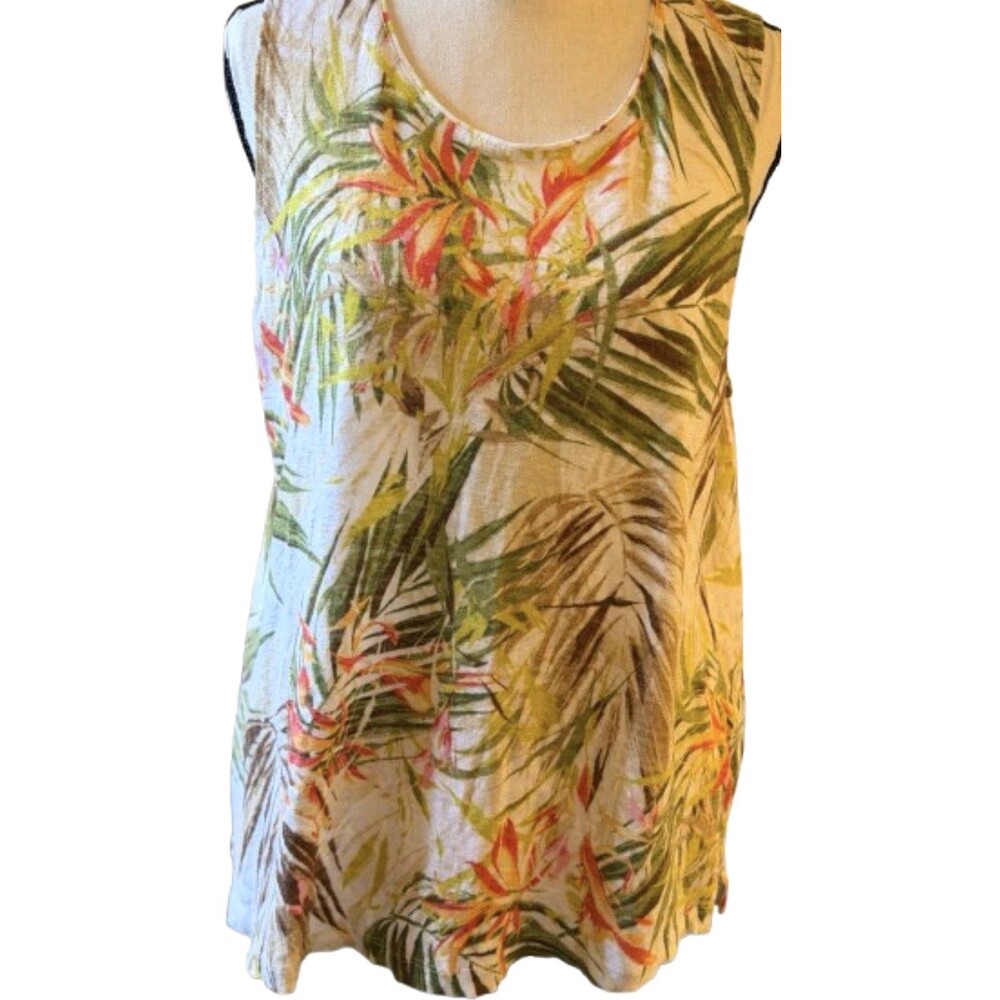 J.Jill Love Linen Tropical Floral Tank Top Large 100% Linen Sleeveless Boho